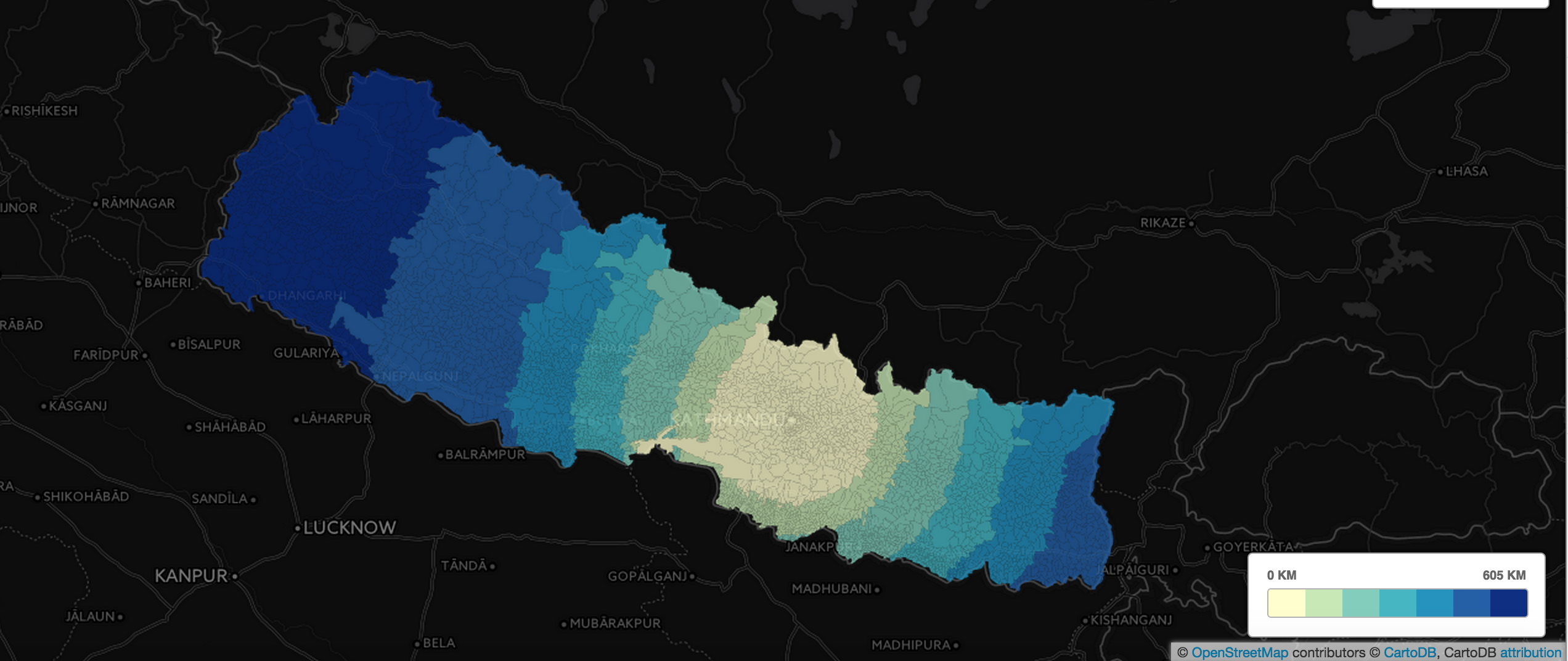 Choropleth of distance admin 4 regions are from Kathmandu