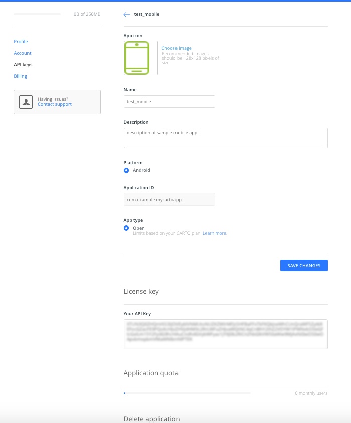 Example of mobile app settings